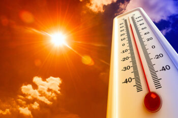 Heat, thermometer shows the temperature is hot in the sky